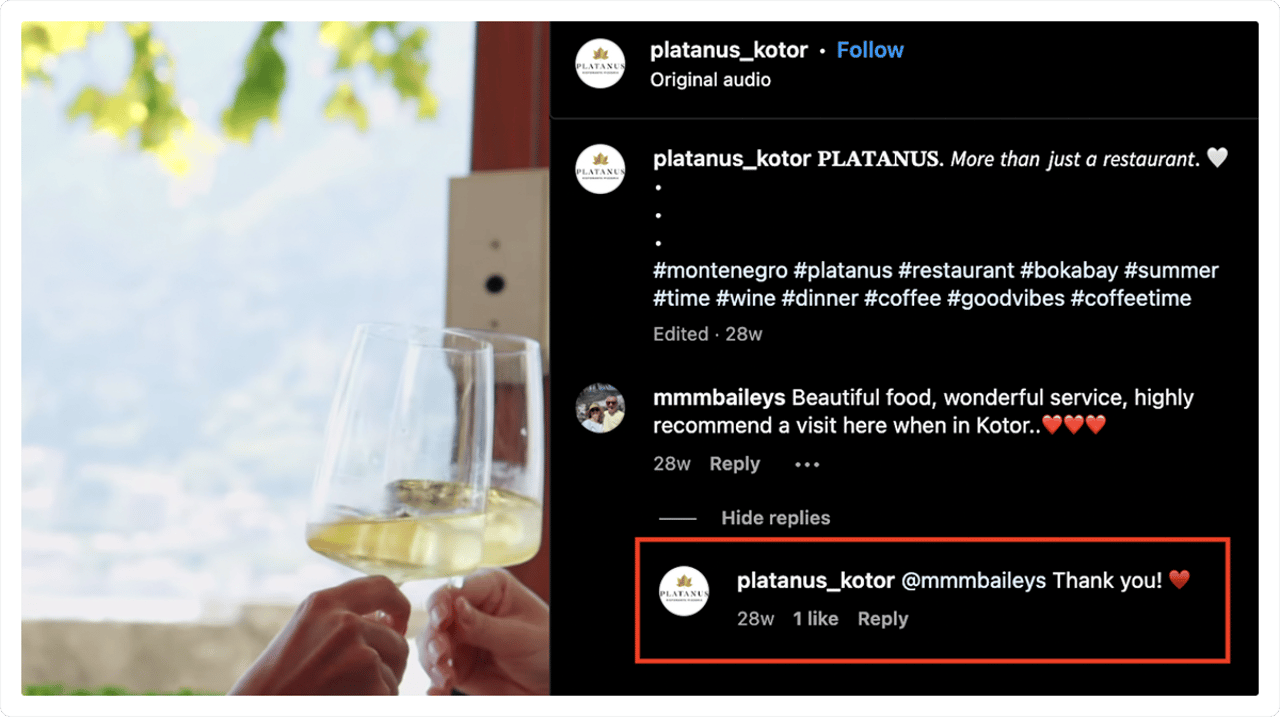 Un restaurante respondiendo a comentarios en la sección de comentarios de Instagram