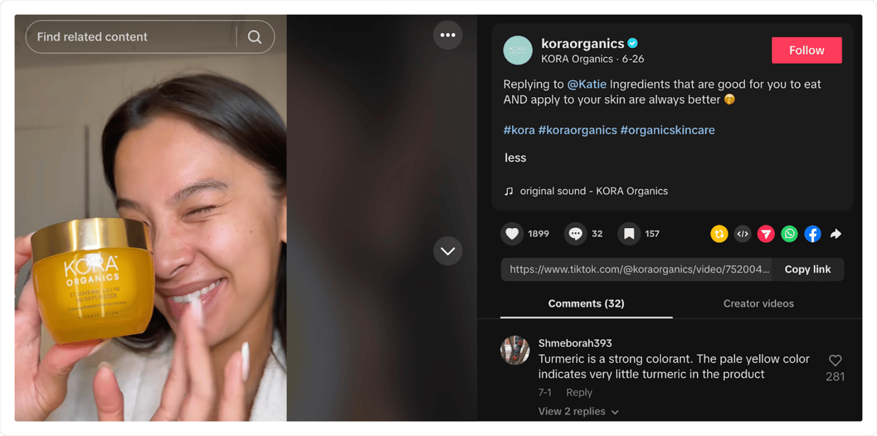 A KORA Organics responde a uma pessoa nas redes sociais