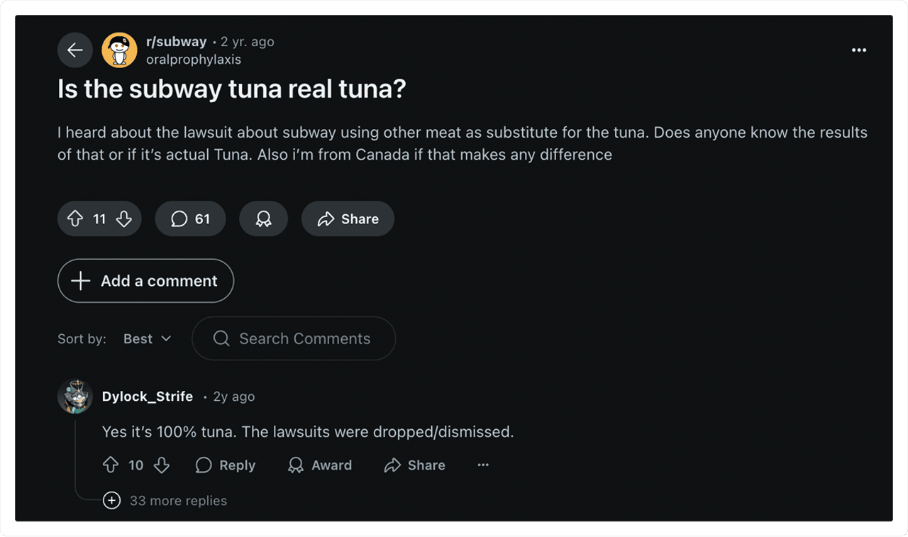 Disputa en Reddit sobre el sándwich de atún de Subway