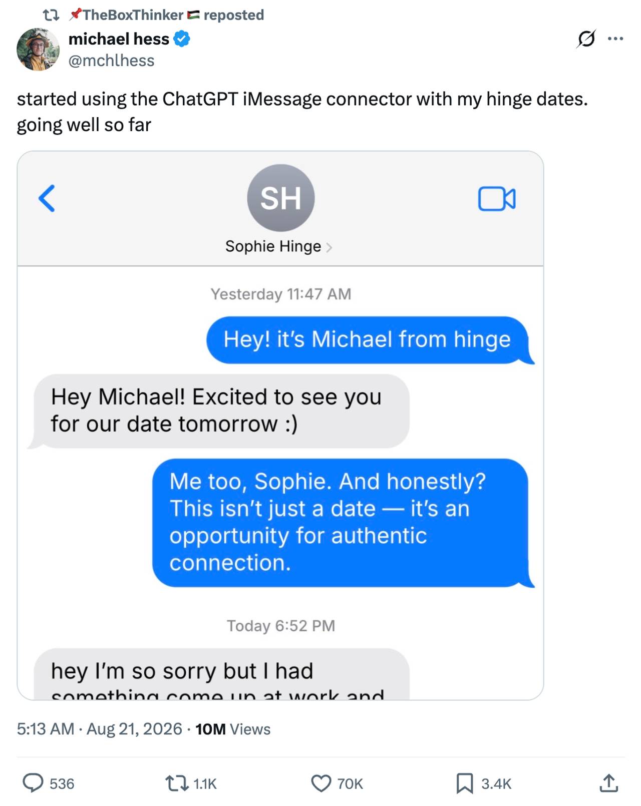 ChatGPT iMessage connector on Hinge dates: viral X post with 10M views showing a stiff AI-style text and a cancelled date