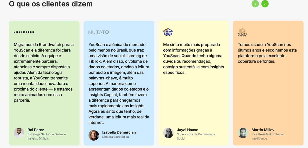 Depoimentos de clientes que compartilhamos no site da YouScan