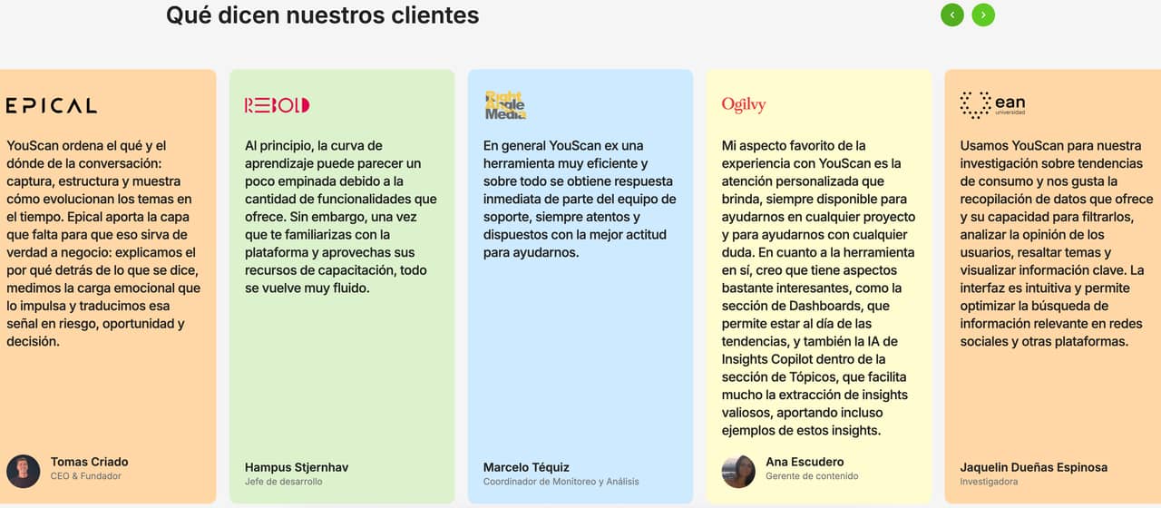Testimonios de clientes que compartimos en el sitio web de YouScan