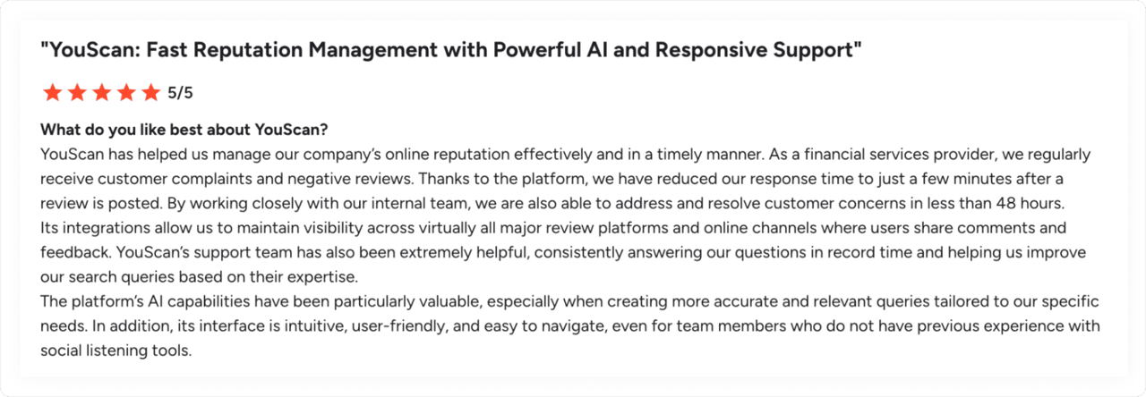 Customer review on G2 about YouScan