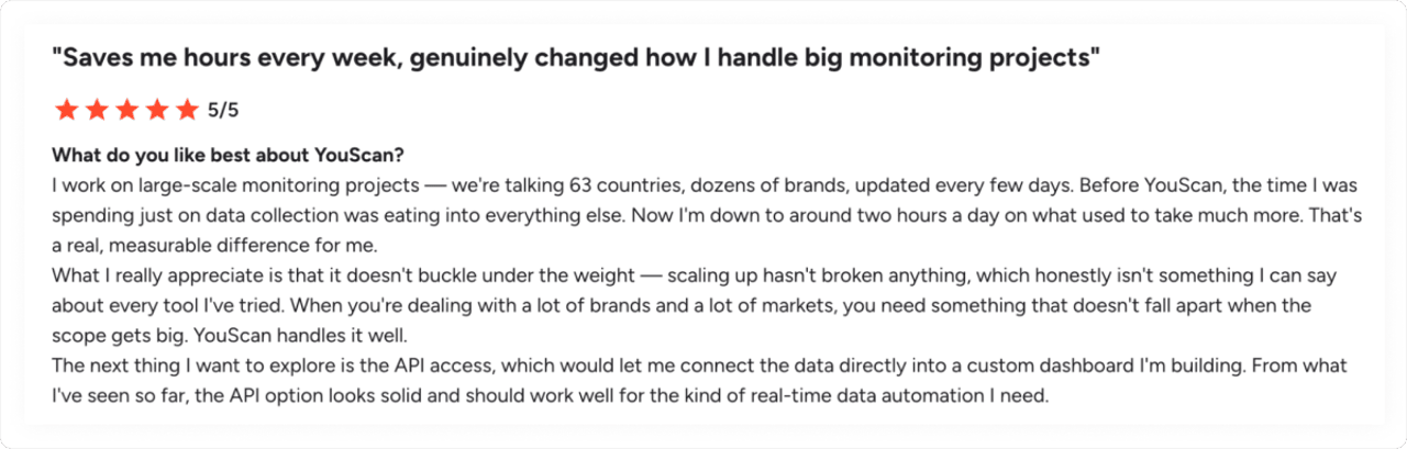 Customer review on G2 about YouScan