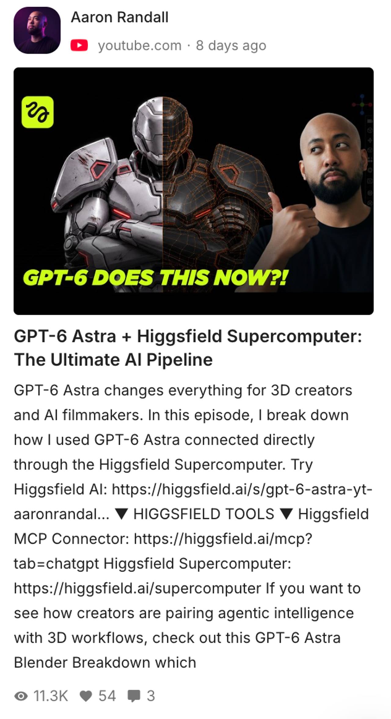 GPT-6 Astra YouTube video on a 3D AI pipeline with Higgsfield and Blender, thumbnail reading 'GPT-6 does this now?!'