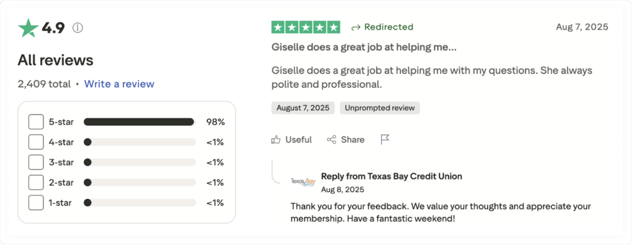 Trustpilot review of Texas Bay Credit Union