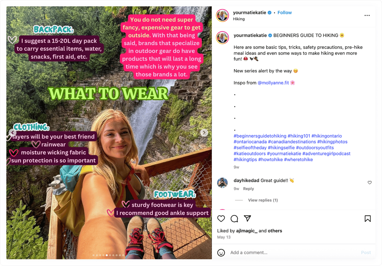 A content creator on Instagram is a good fit for a brand ambassador who sells outdoor gear