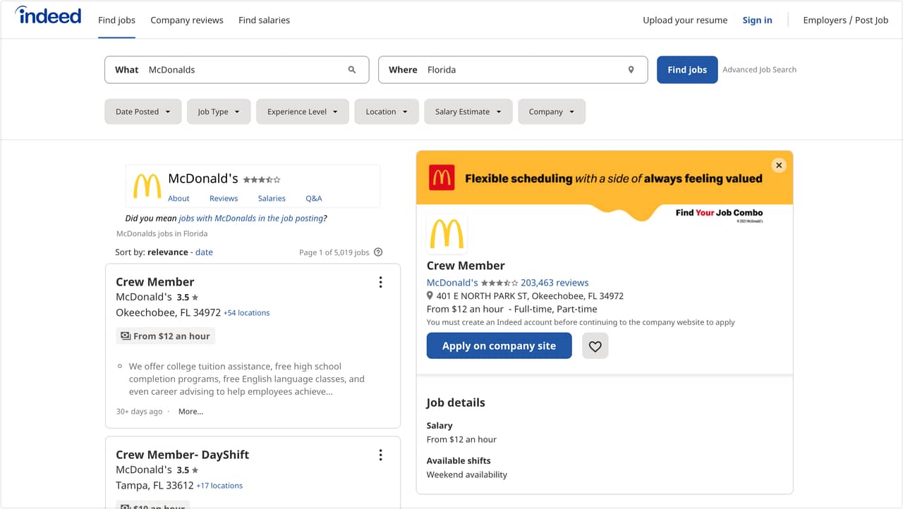 Скриншот с сайта Indeed