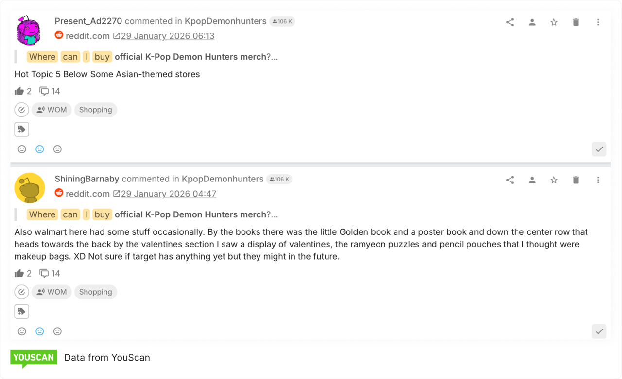 Purchase-intent posts from fans searching for official merch