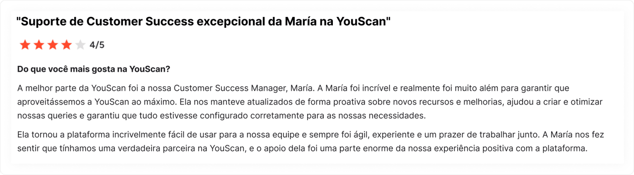 Avaliação de cliente no G2 sobre a YouScan