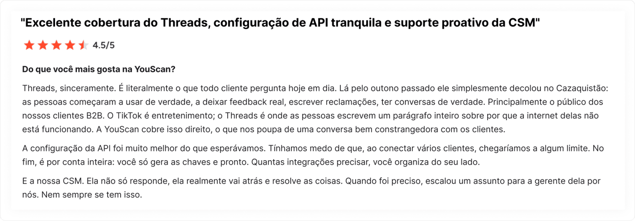 Avaliação de cliente no G2 sobre a YouScan