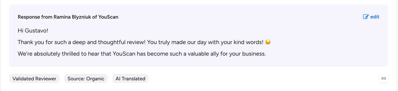 Ramina Blyzniuk, Senior Customer Support Manager, responds to a G2 review about YouScan