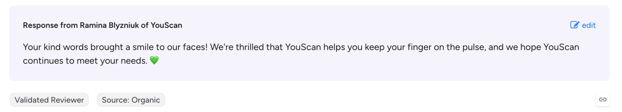 Ramina Blyzniuk, Senior Customer Support Manager, responds to a G2 review about YouScan