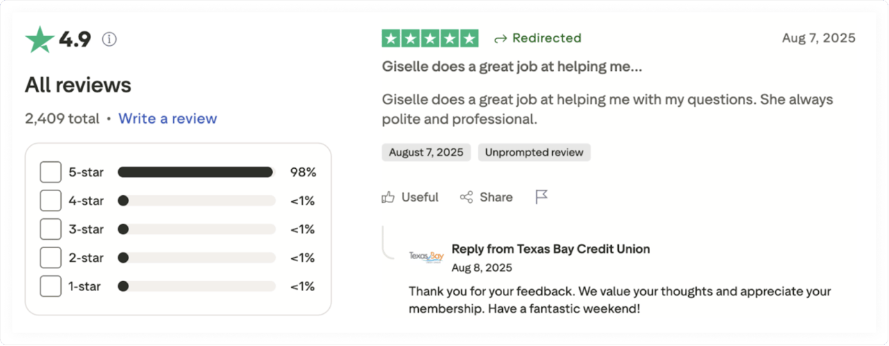 Trustpilot review of Texas Bay Credit Union