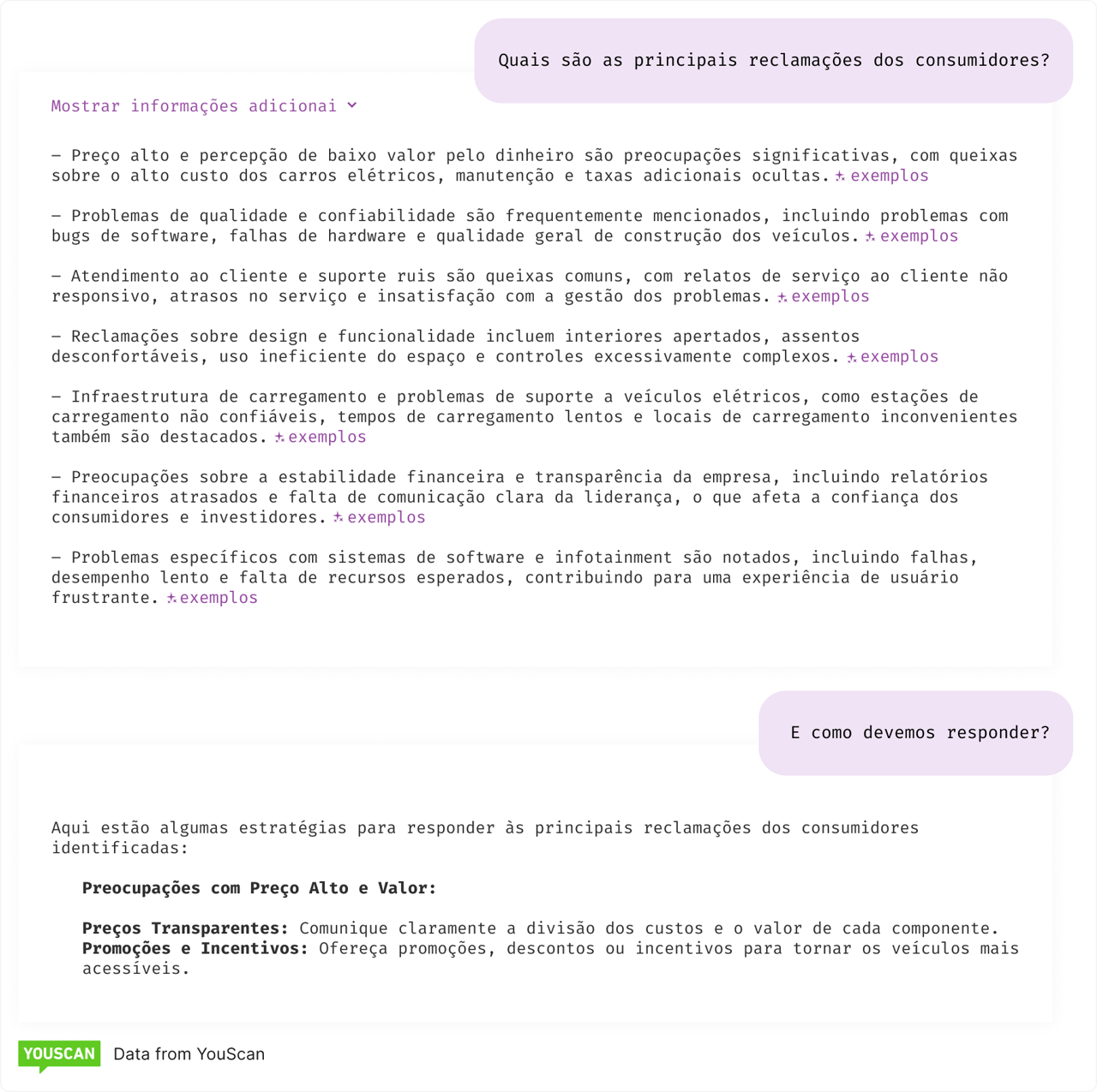 Exemplos de respostas do Copiloto do Insights