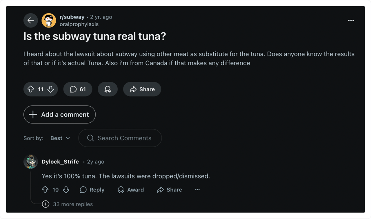 Disputa en Reddit sobre el sándwich de atún de Subway