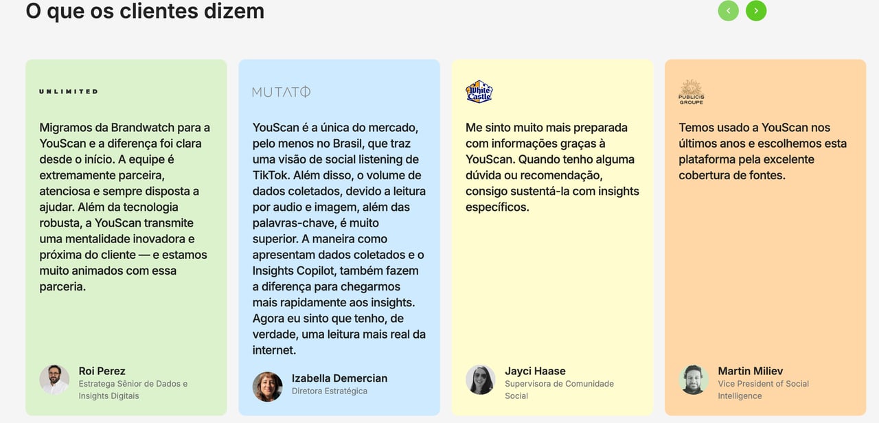 Depoimentos de clientes que compartilhamos no site da YouScan