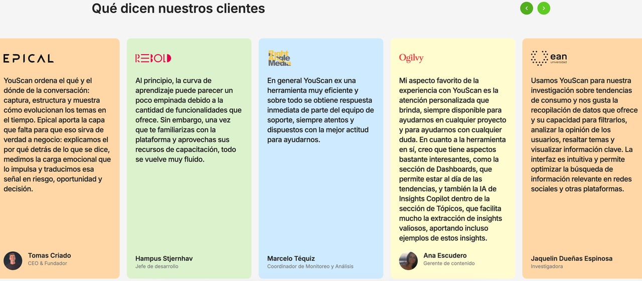 Testimonios de clientes que compartimos en el sitio web de YouScan