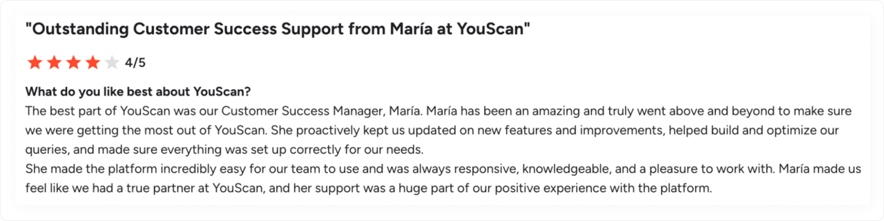 Customer review on G2 about YouScan