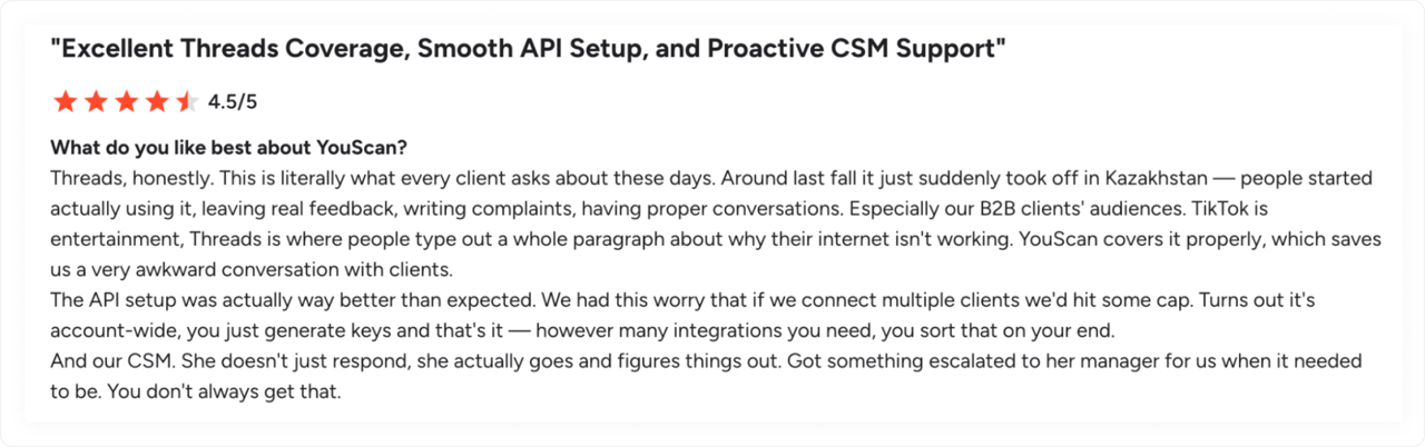 Customer review on G2 about YouScan