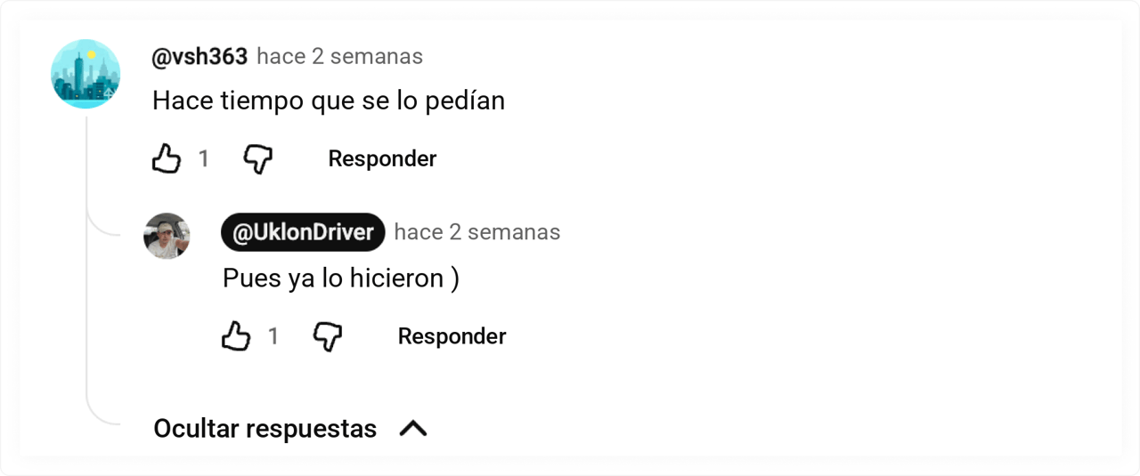 Comentario de un usuario en YouTube: “Llevábamos bastante tiempo pidiéndole a Uklon que lo implementara”. Uklon Driver: “Y lo hicieron )”.