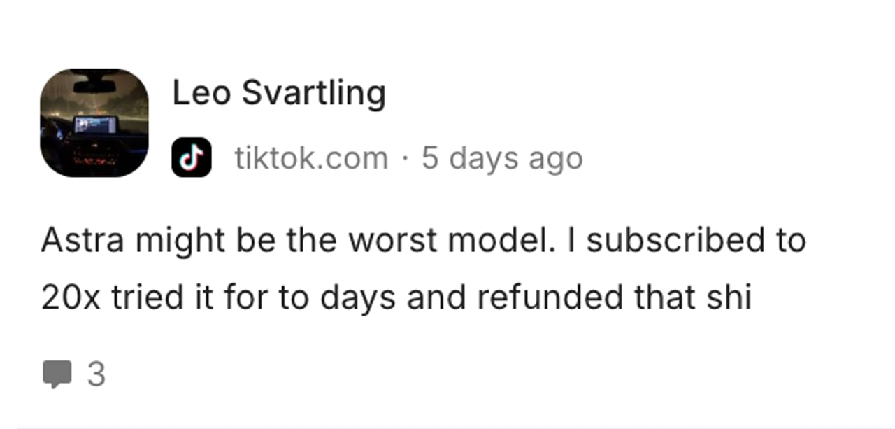 GPT-6 Astra complaint on TikTok: the user calls it the worst model, tried the 20x plan for two days and got a refund