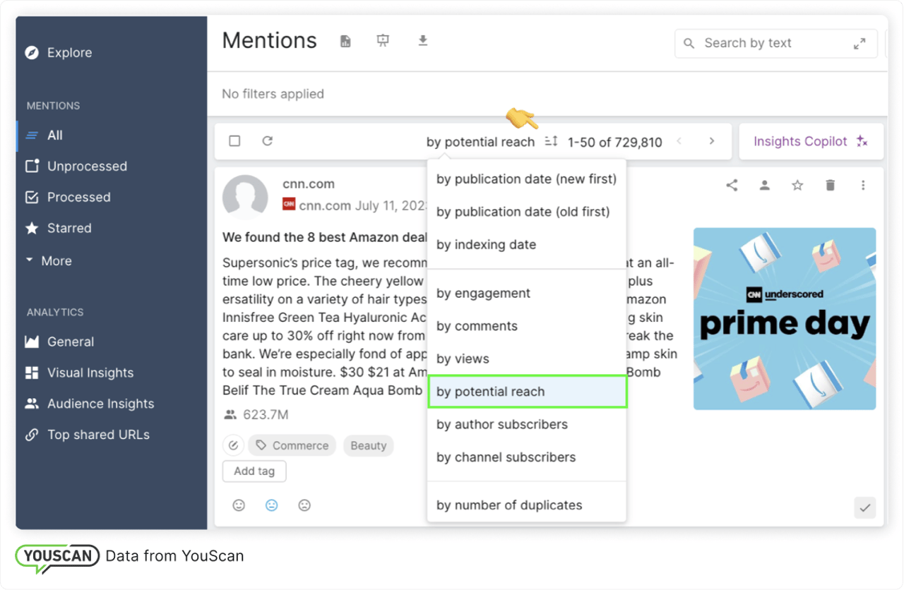 Mentions sorting by the potential reach