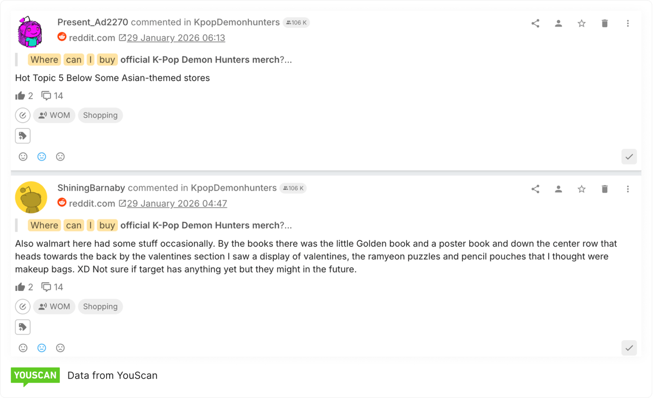 Purchase-intent posts from fans searching for official merch