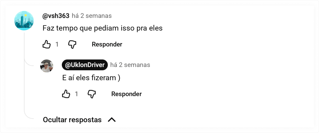 Um comentário do público no YouTube: “Fazia um tempo que estávamos pedindo à Uklon para implementar isso”. Motorista da Uklon: “E eles fizeram )”