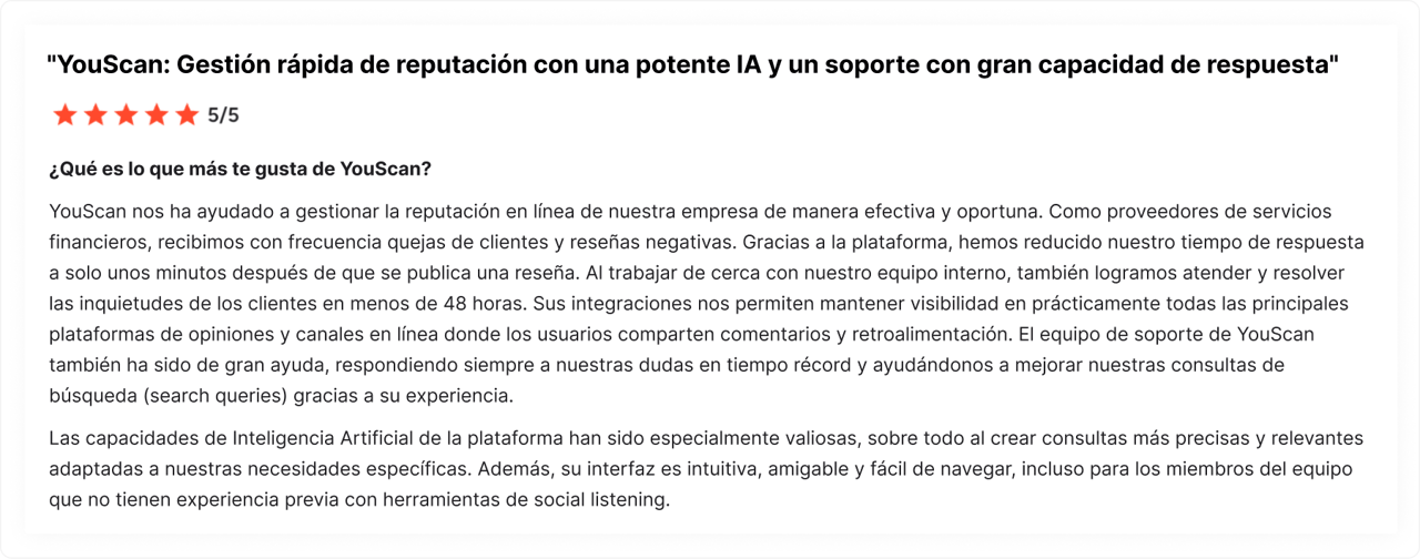 Reseña de un cliente sobre YouScan en G2