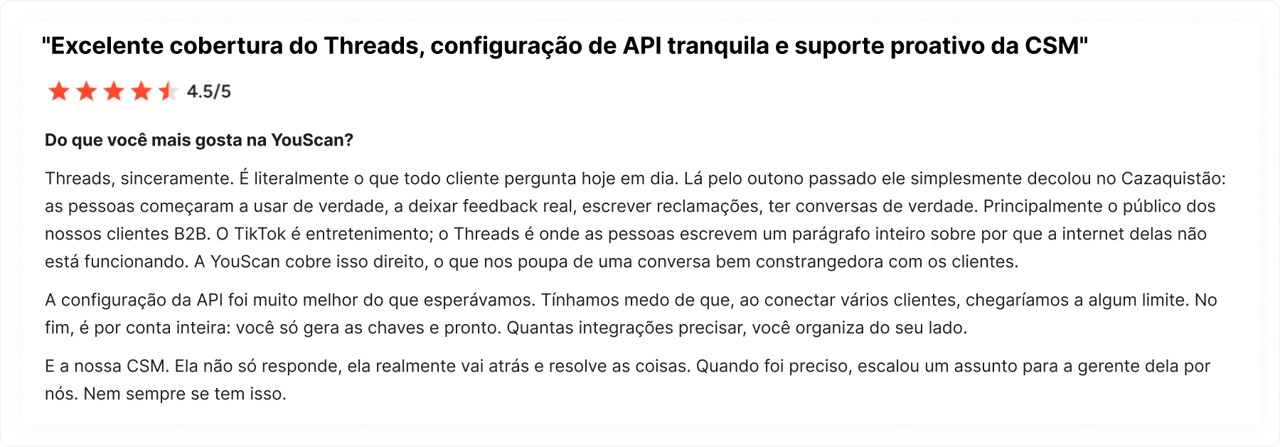 Avaliação de cliente no G2 sobre a YouScan