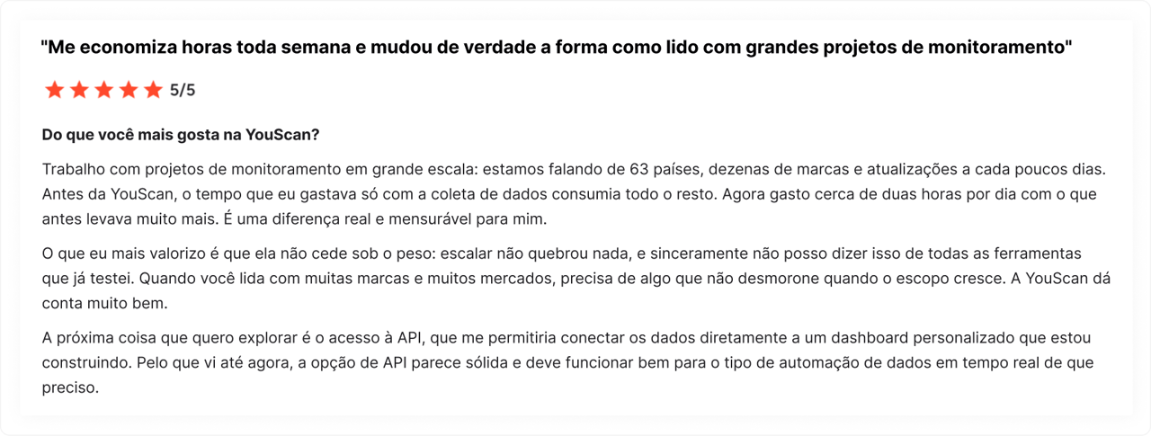 Avaliação de cliente no G2 sobre a YouScan