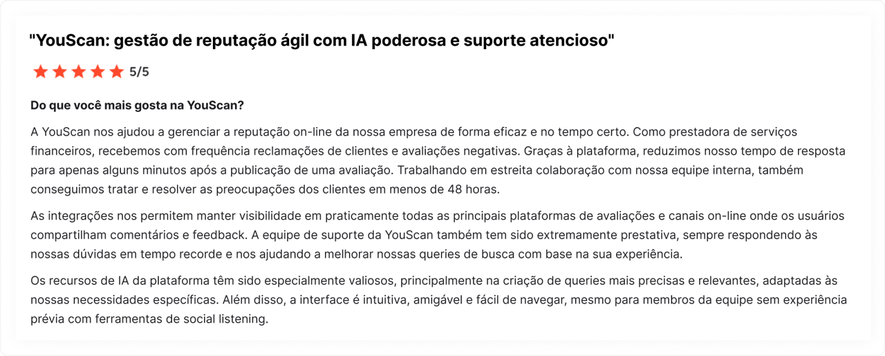 Avaliação de cliente no G2 sobre a YouScan