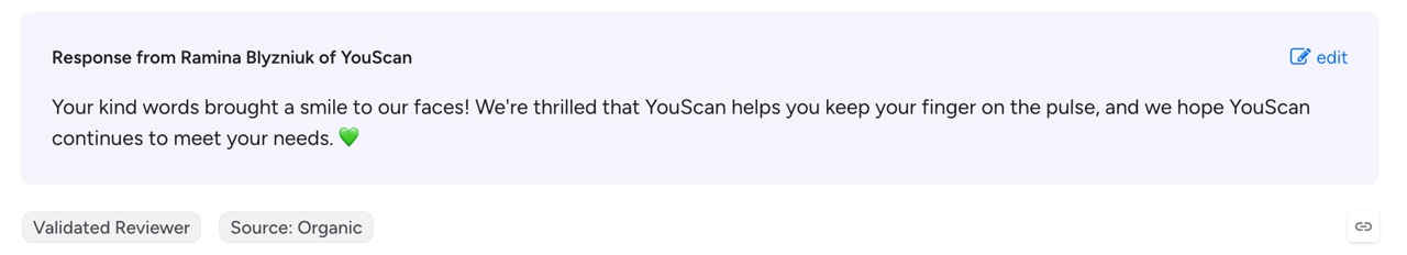 Ramina Blyzniuk, Senior Customer Support Manager, responds to a G2 review about YouScan