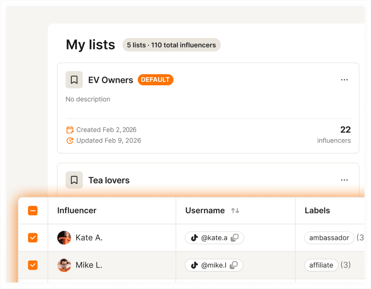 Tiger Finder Influencer Search list